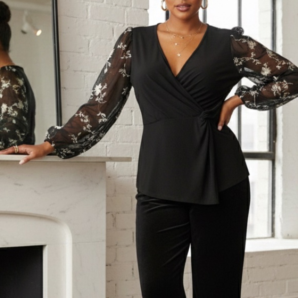 Embroidered Floral Mesh Sleeve Perception Concept Black Wrap Top Size Medium M